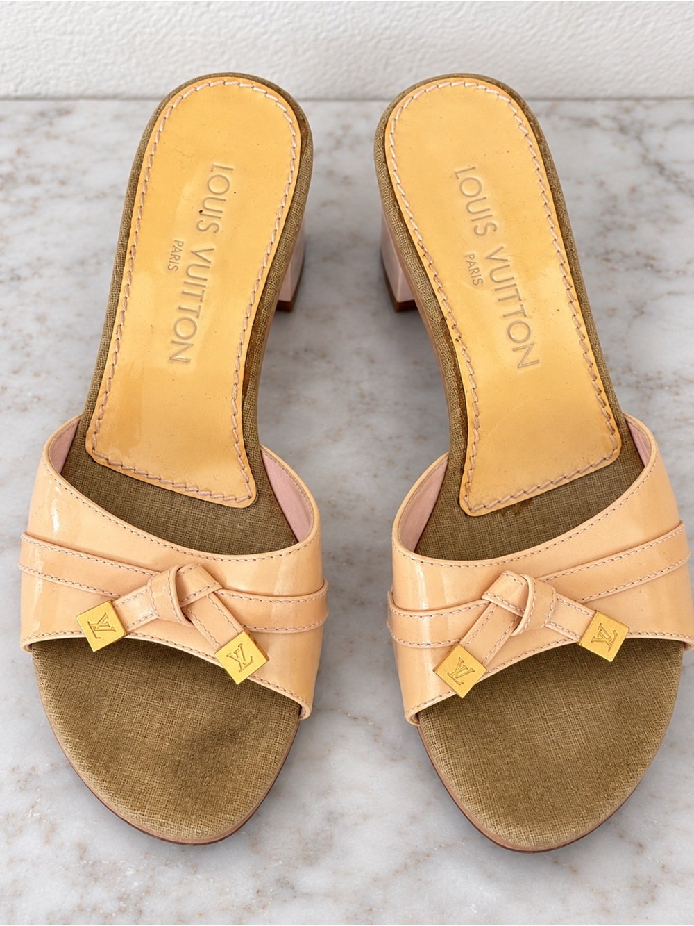 Louis Vuitton Signature Wooden Peach/Pink Patent Leather Mule Slide - Size 35
